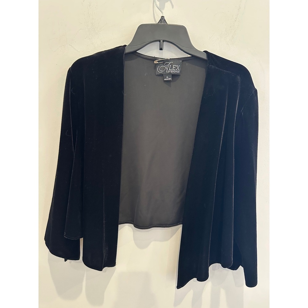 Alex Evenings Black Velvet Bolero Jacket Shrug Open Front Womens XL Cocktail